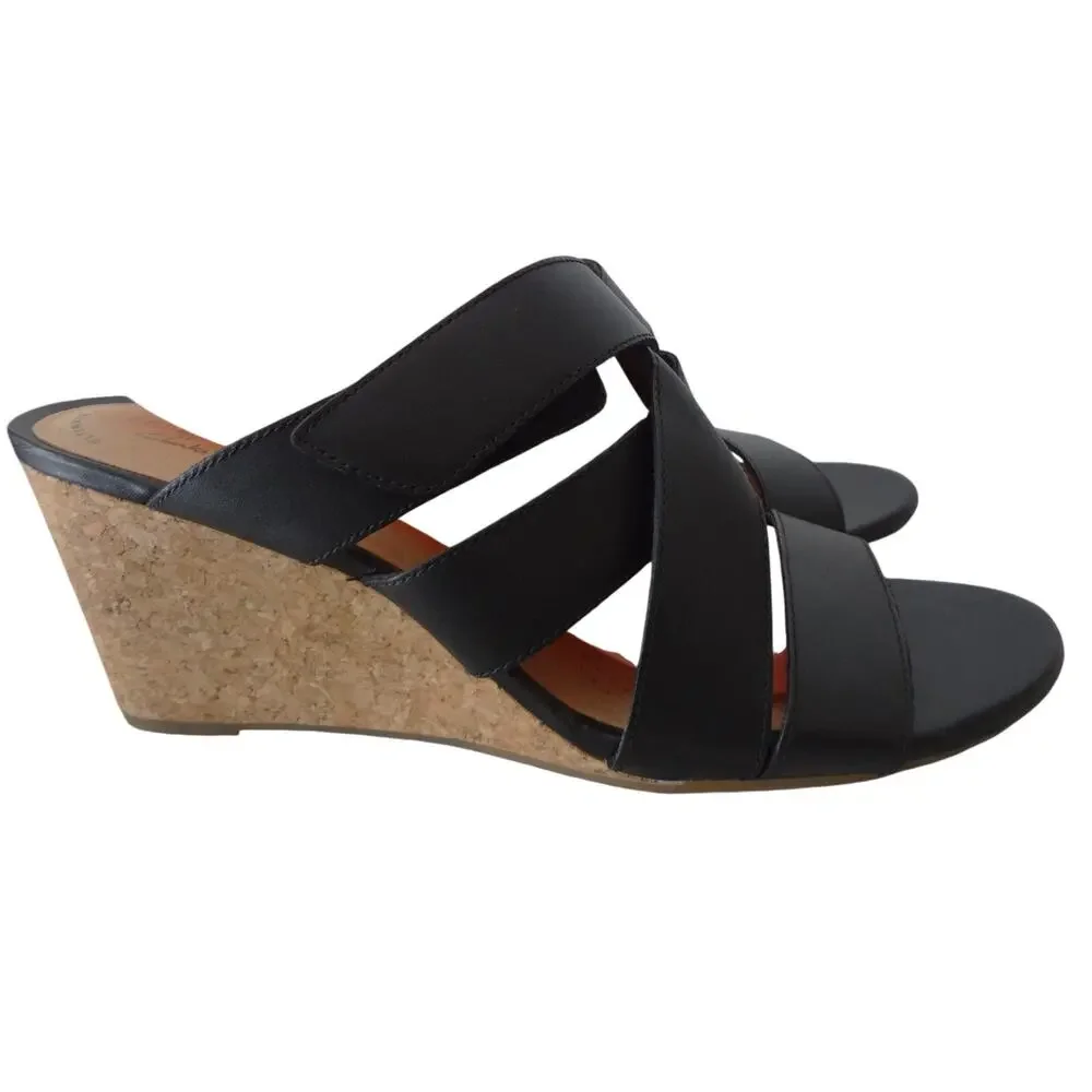 Clarks Margee Kate Black Leather Cork Wedge Sandal Hook Loop Womens 12 Strappy